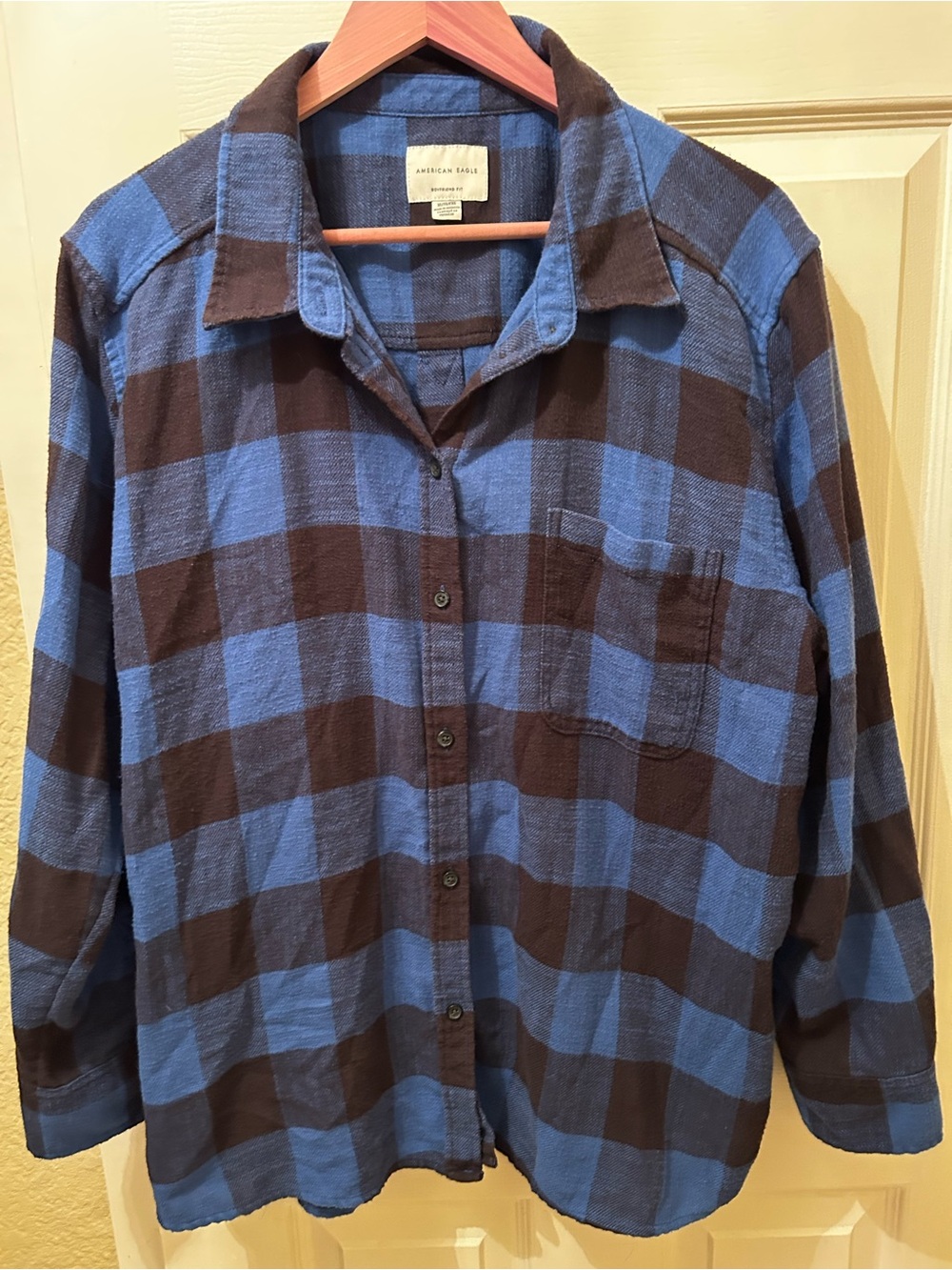 American Eagle Outfitters Blue and Brown Plaid Button-Down Top
